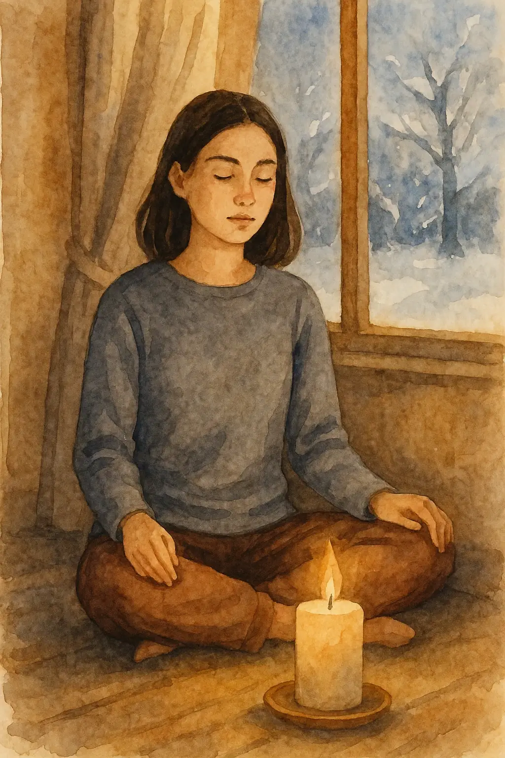 Young woman wrapped warmly, exhaling in winter air